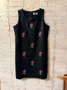 Giorgio Fiorlini Collection Black Linen Flamingo Embroidered Shift Dress Size 16